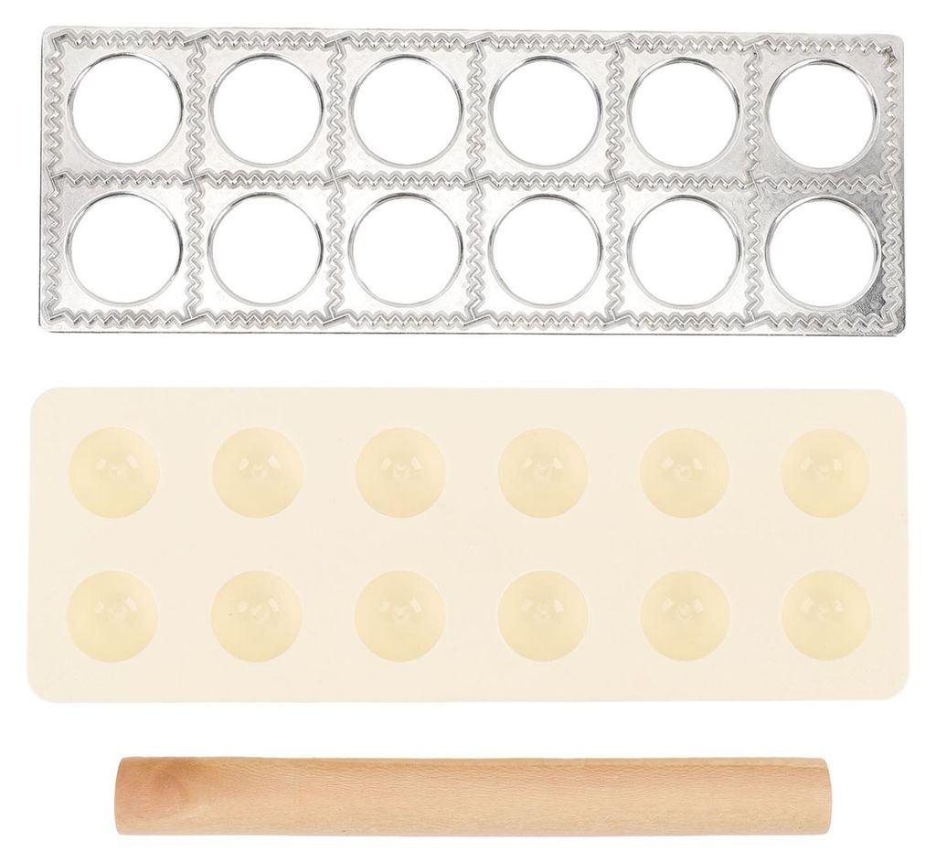 Ravioli-Pressmaschine, Knödelherstellungswerkzeug aus Aluminiumlegierung und Kunststoff mit Nudelholz aus Holz für Familienküche und Restaurant