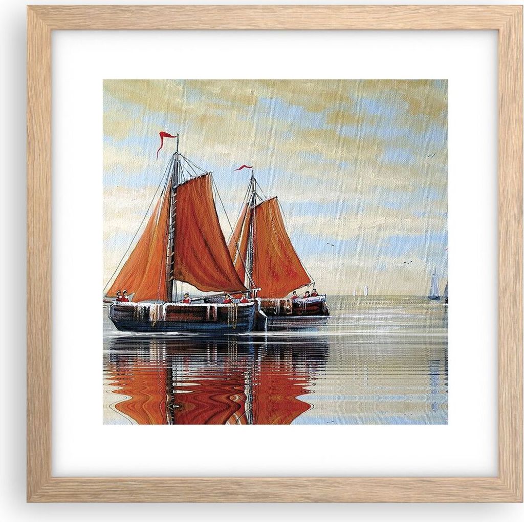 Gerahmtes Poster - Rahmen in heller Eiche - Segelschiffe Öl Orange - 30x30 cm - Wand Bild - Wanddeko - Wandbilder - Kunstposter - Wandposter - Bil...