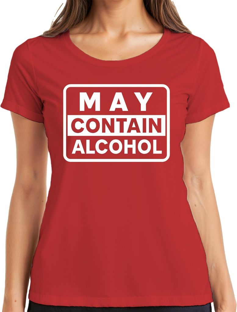 May Contain Alcohol Lustiger Warnhinweis Party Geschenk Retro Damen T-Shirt, Rot, 3XL