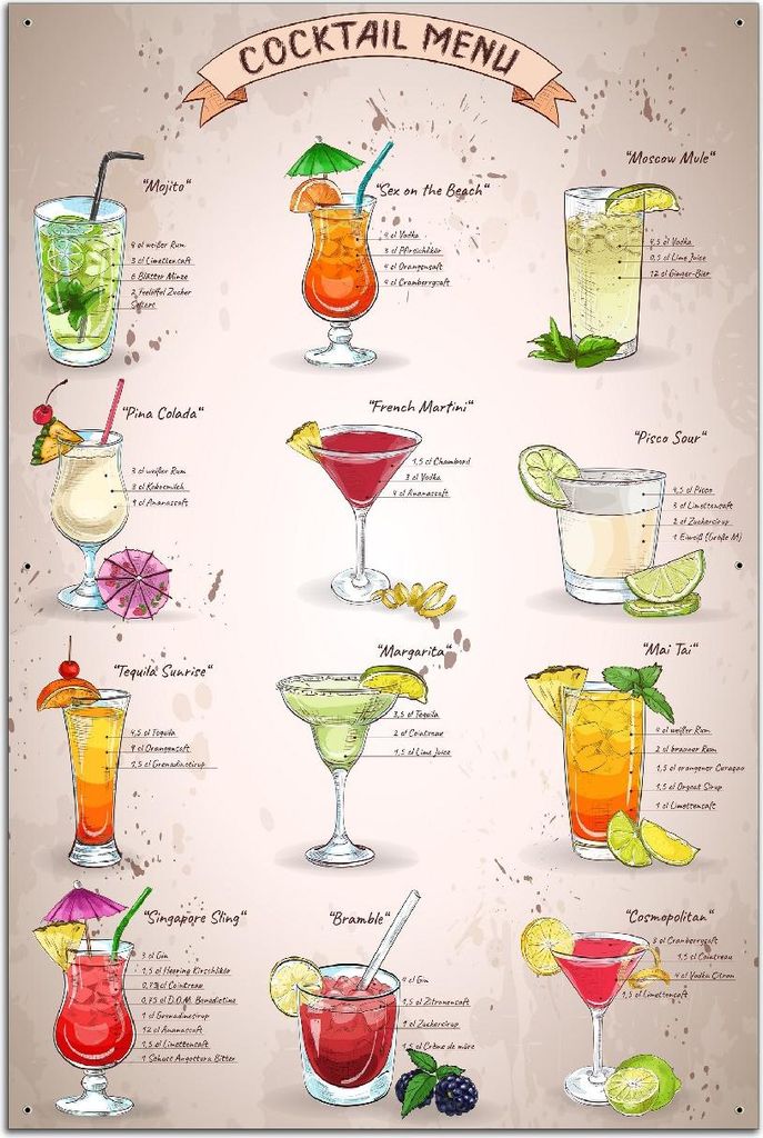 Wallario Outdoor-Poster für Garten oder Balkon, Motiv Cocktail-Menü, in ca. 61 x 91,50 cm