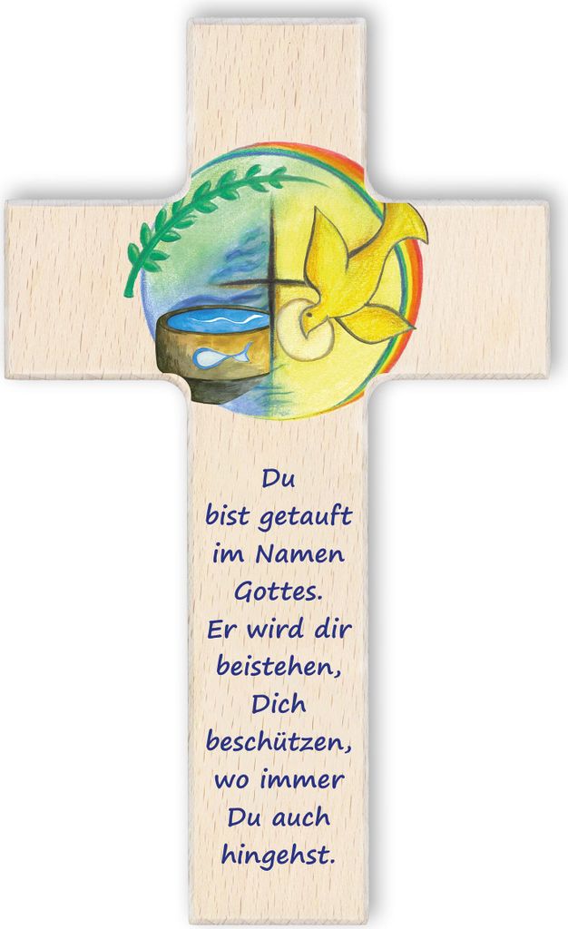 FRITZ COX Holzkreuz zur Taufe | tolles Taufgeschenk | Germany | christliche Symbole | mit besonderer Bohrung für einfache Anbringung | 15cm