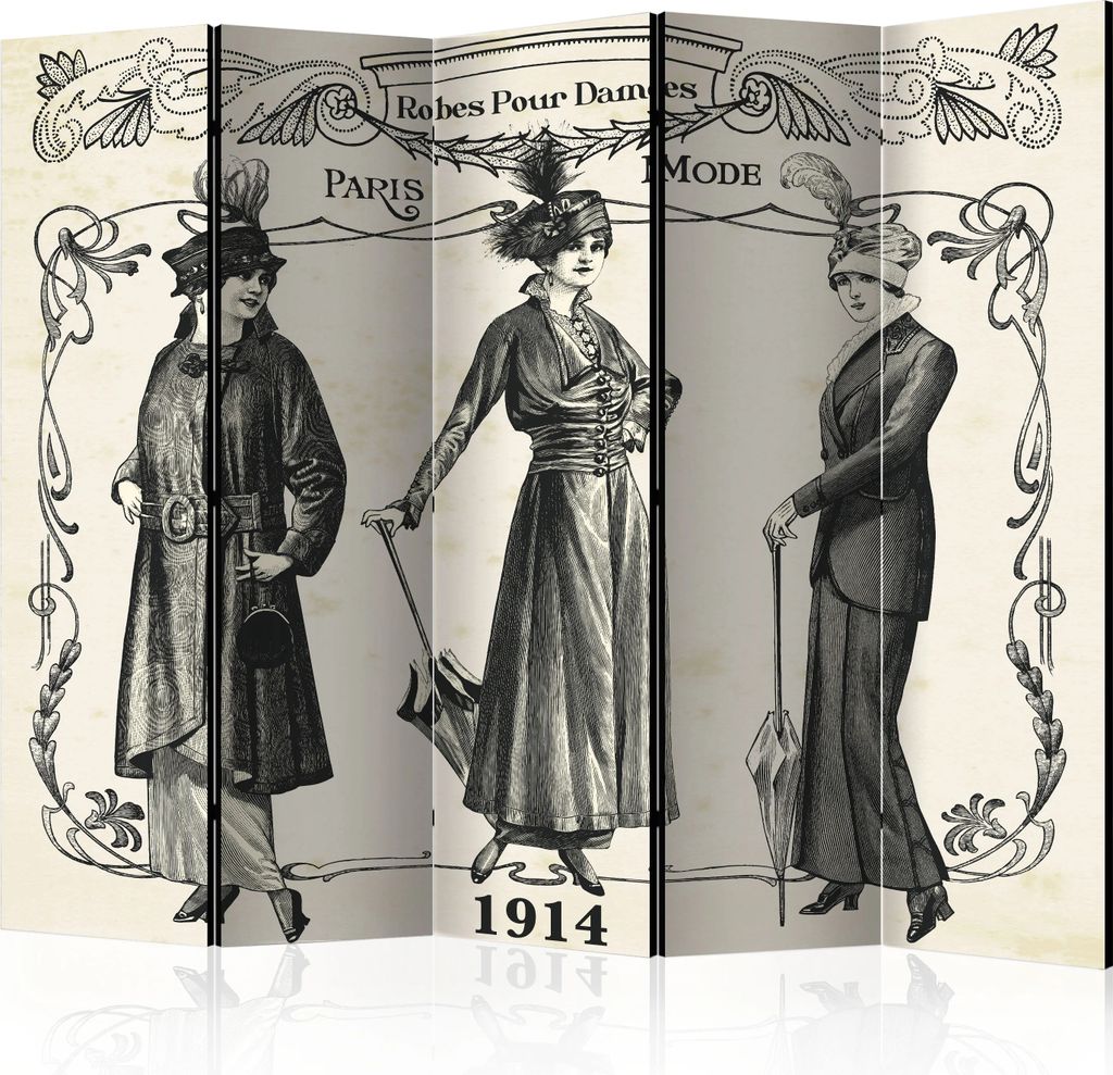 A vintage-style screen divider featuring illustrations of women in 1914 fashion.