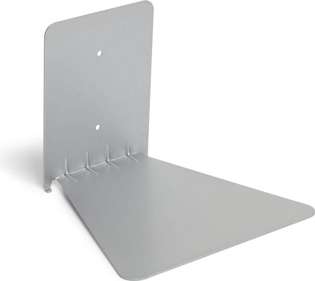 A single silver metal shelf bracket, shown at a slight angle against a white background.