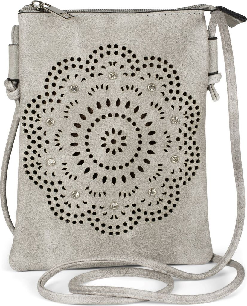 styleBREAKER Damen Mini Umhängetasche mit Blumen Lasercut Cutout Muster und Strass | kleine Crossbody Bag Schultertasche Handytasche 14,5 x 19 cm