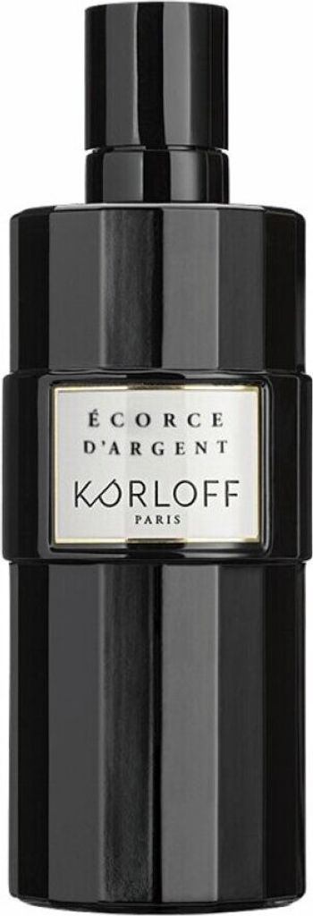 A black perfume bottle with a silver label.