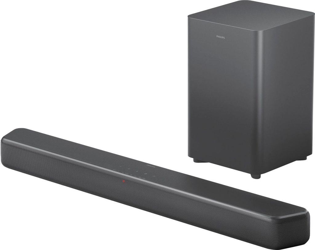 A soundbar and subwoofer set on a white background.