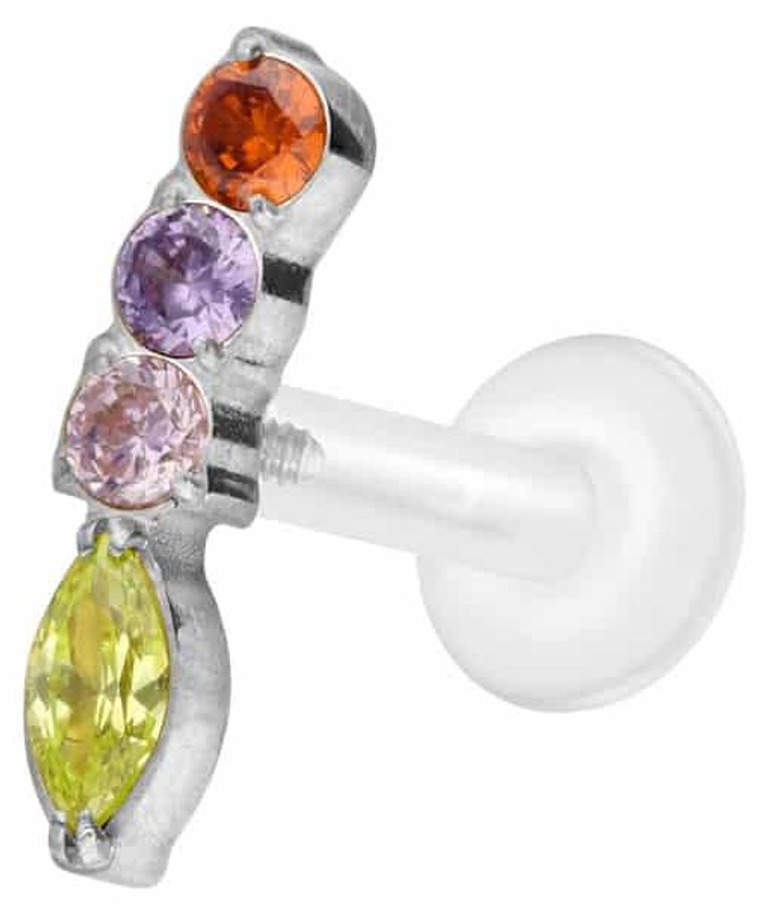 Ohrpiercing, Nasenpiercing PTFE Labret mit Innengewinde + Titan-Aufsatz BUNTER KRISTALLBOGEN Silber Stablänge: 7mm | Stabstärke: 1,6mm