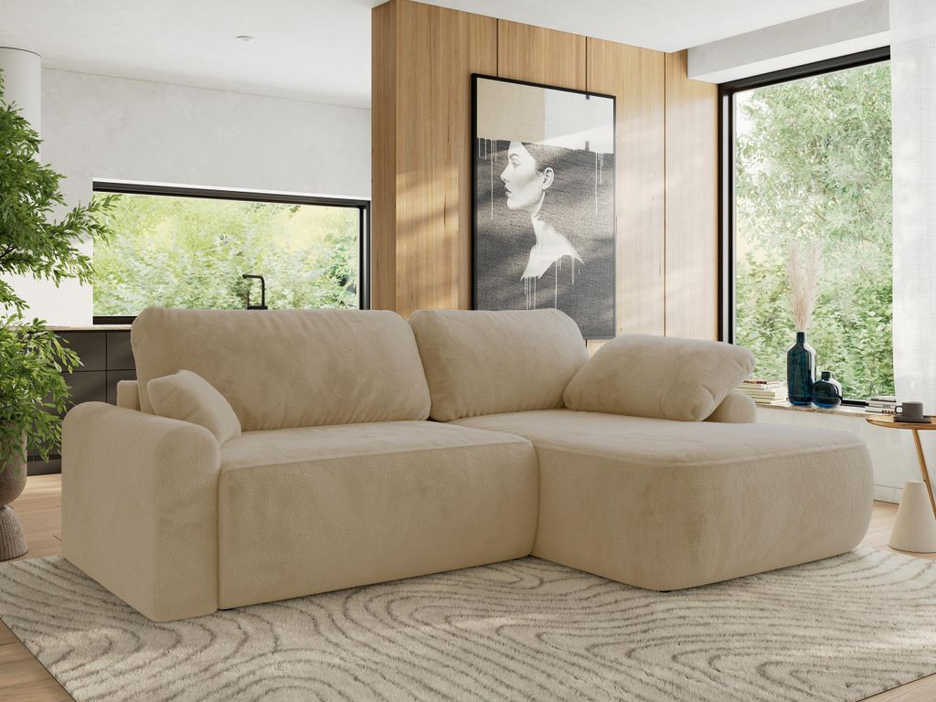 MKS MEBLE Ecksofa CUBO L-form, lose Kissen, Ecksofa 273x187x100 cm mit Schlaffunktion, Bettkasten - Creme Plüsch - Rechts Seite