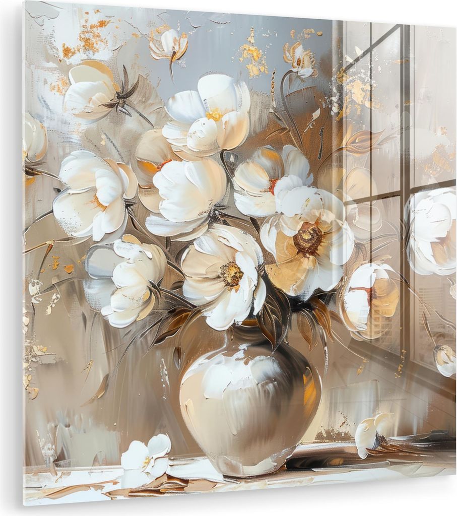 MuchoWow Glasbilder - Bilder auf Wandbild - Foto auf Glas Vase - Blumen - Kunst - Gold 50x50 cm Wanddekoration aus Glas - Acrylglasbild - Acrylbild...