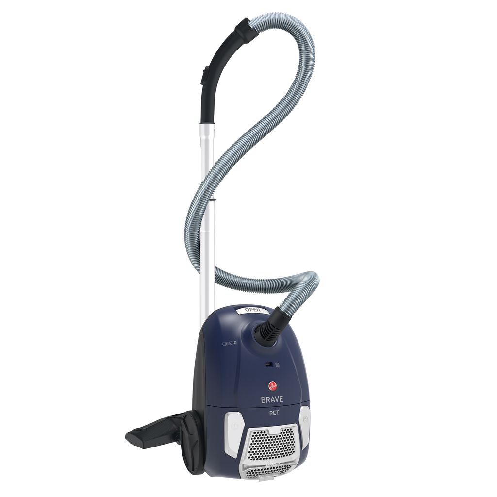 A blue and silver vacuum cleaner is shown against a white background.