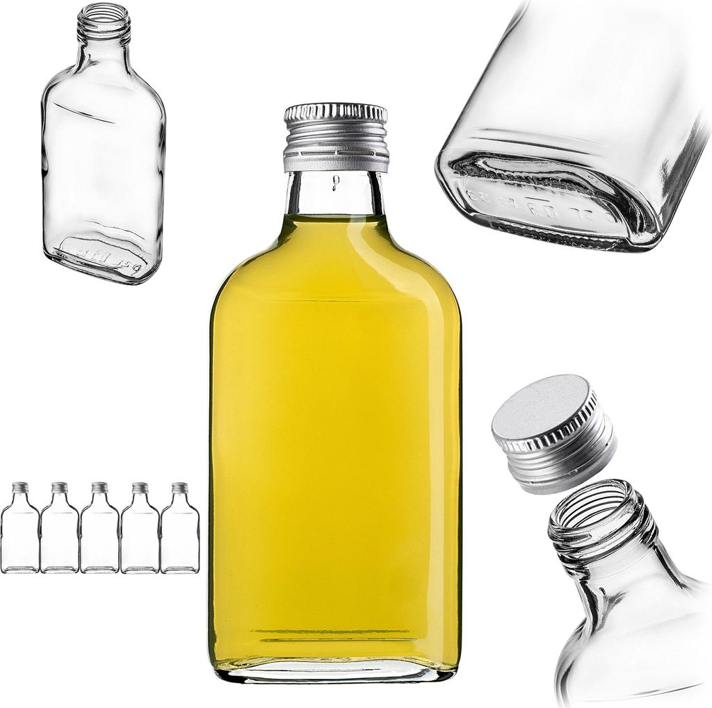 KADAX Flachmann 200ml, 5 Stück, kleine Glasflaschen mit Schraubverschluss, Fläschchen, leere Flaschen zum Befüllen, mini Likörflaschen, Schnaps...