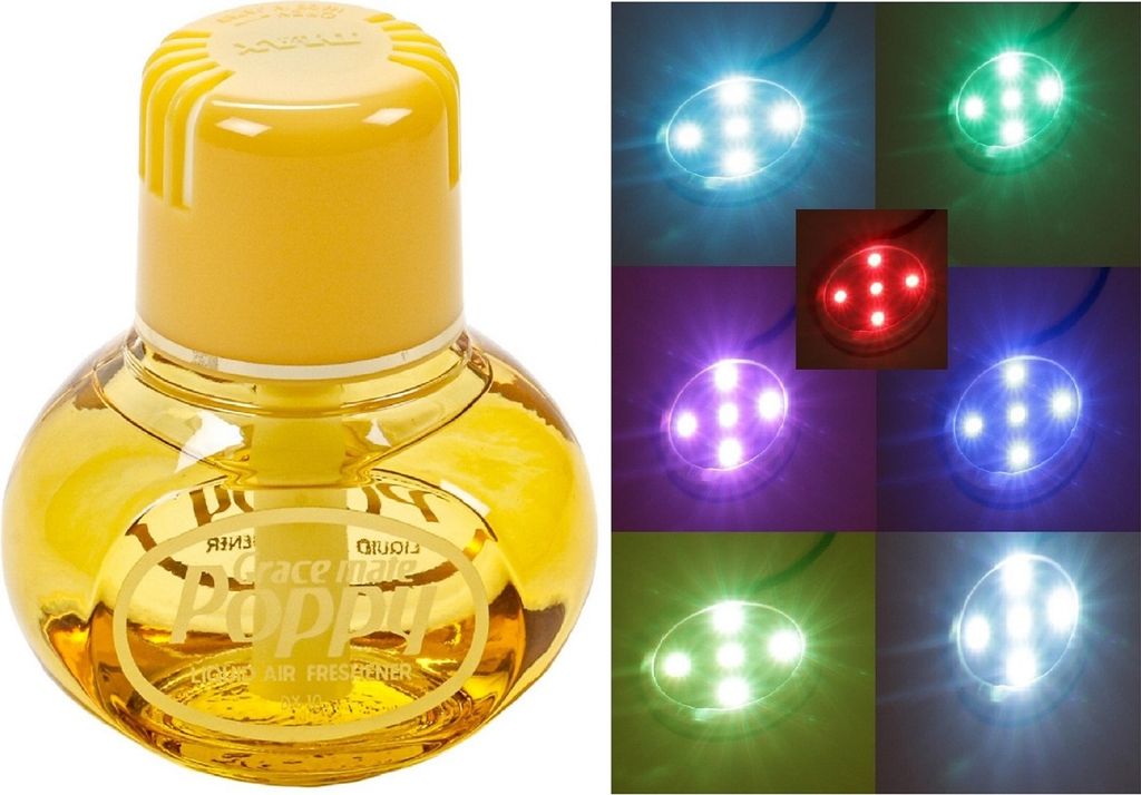 Original Poppy Lufterfrischer mit LED-Beleuchtung, 5 Volt USB-Stecker, 5 LEDs 7 Farben Farbwechsel, Duft Gardenie Inhalt 150 ml, für LKW, PKW, Boo...