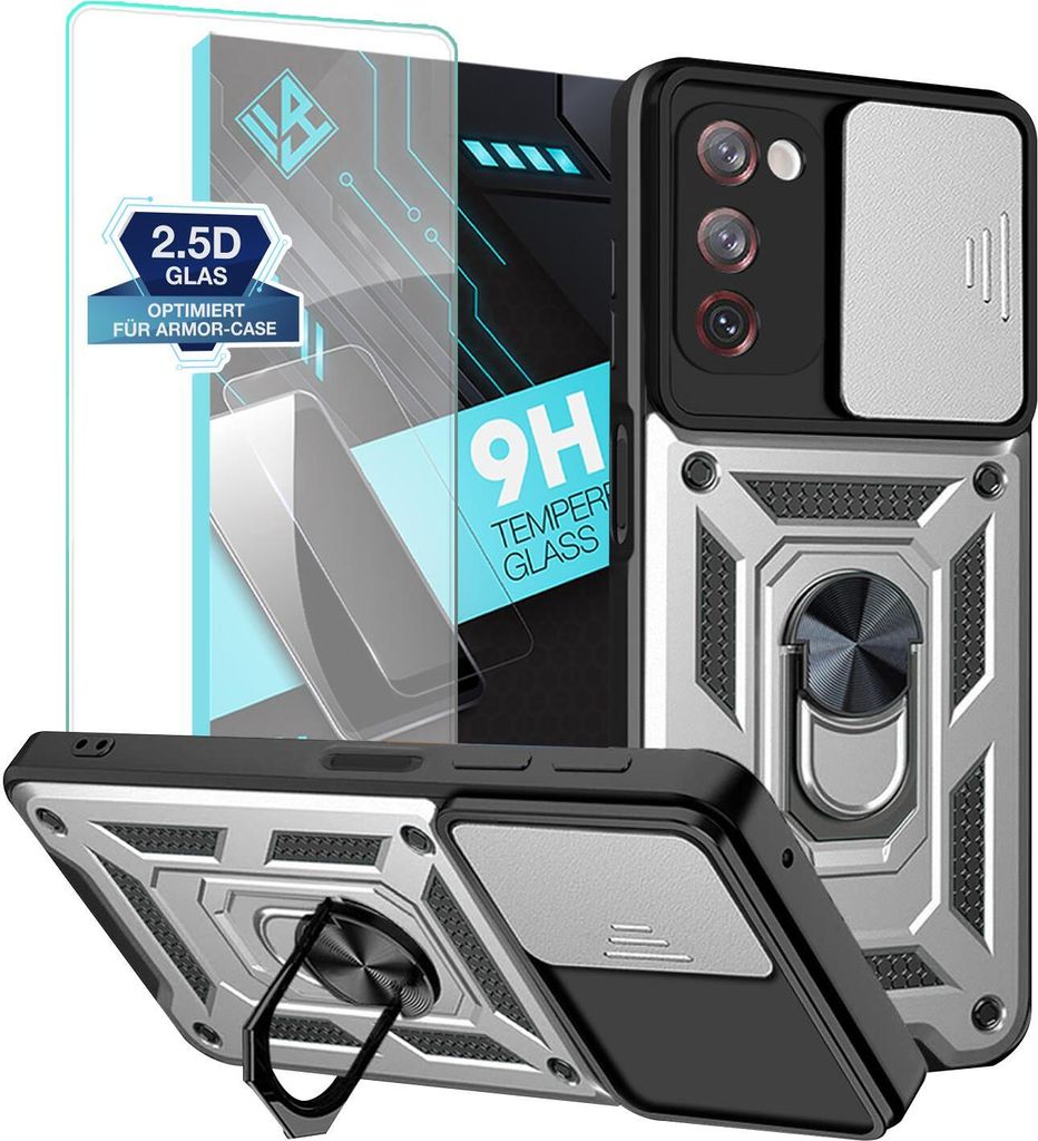 Armor Handyhülle für Samsung Galaxy S20 FE mit 9H Displayglas Displayschutz Kameraschutz Handy Panzer Case Cover Schutzhülle Outdoor Farbe: Silber