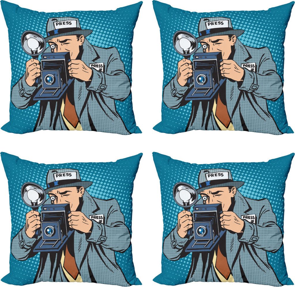 ABAKUHAUS Paparazzi Kissenbezug Set (4 Stück), Comic Fotograf Man, Moderner Doppelseitiger Digitaldruck, 45 cm x 45 cm, Petrol, Blau, Grau Teal
