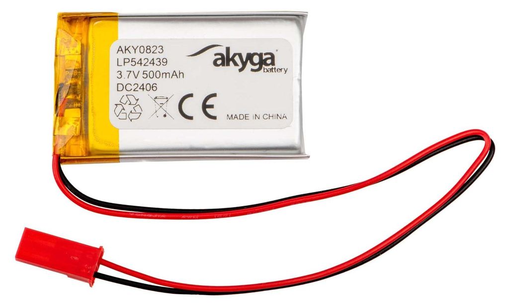3.7V 500mAh Batterie Akku LP542439 Lithium Polymer Akyga AKY0823 Li-Po Akku PCM JST 2-Polig Anschluss 2,54 15cm
