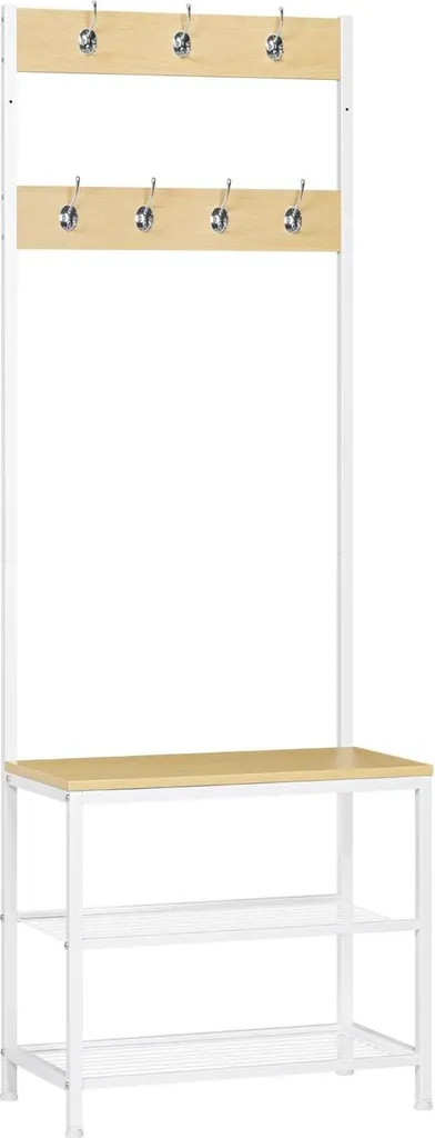 Stand Appendiabiti Robusto con Scarpiera - Bianco Legno - 7 Ganci