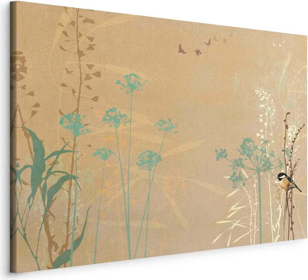 Quadro in tessuto non tessuto - Uccellino - Erbe colorate nelle sfumature dorate del tramonto 120x80 cm Per bambini e-A-10131-b-a