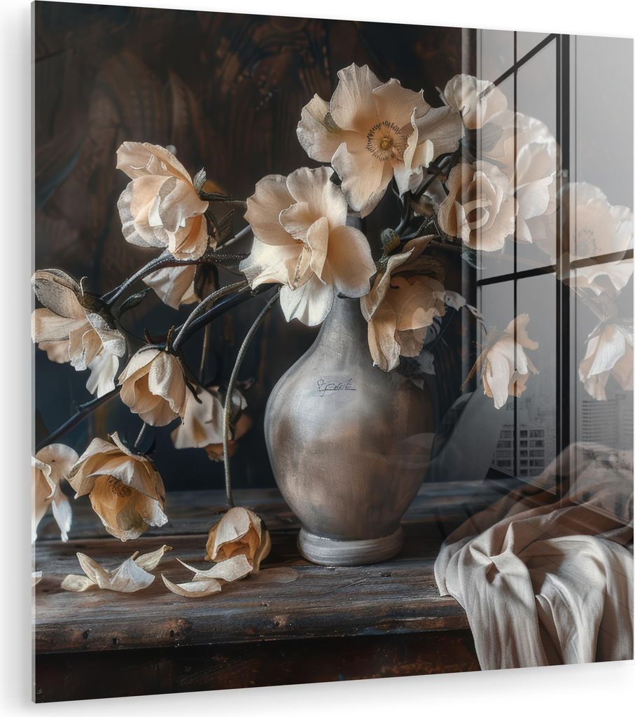 MuchoWow Glasbilder - Bilder auf Wandbild - Foto auf Glas Blumen - Vase - Kunst - Stilleben 50x50 cm Wanddekoration aus Glas - Acrylglasbild - Acry...