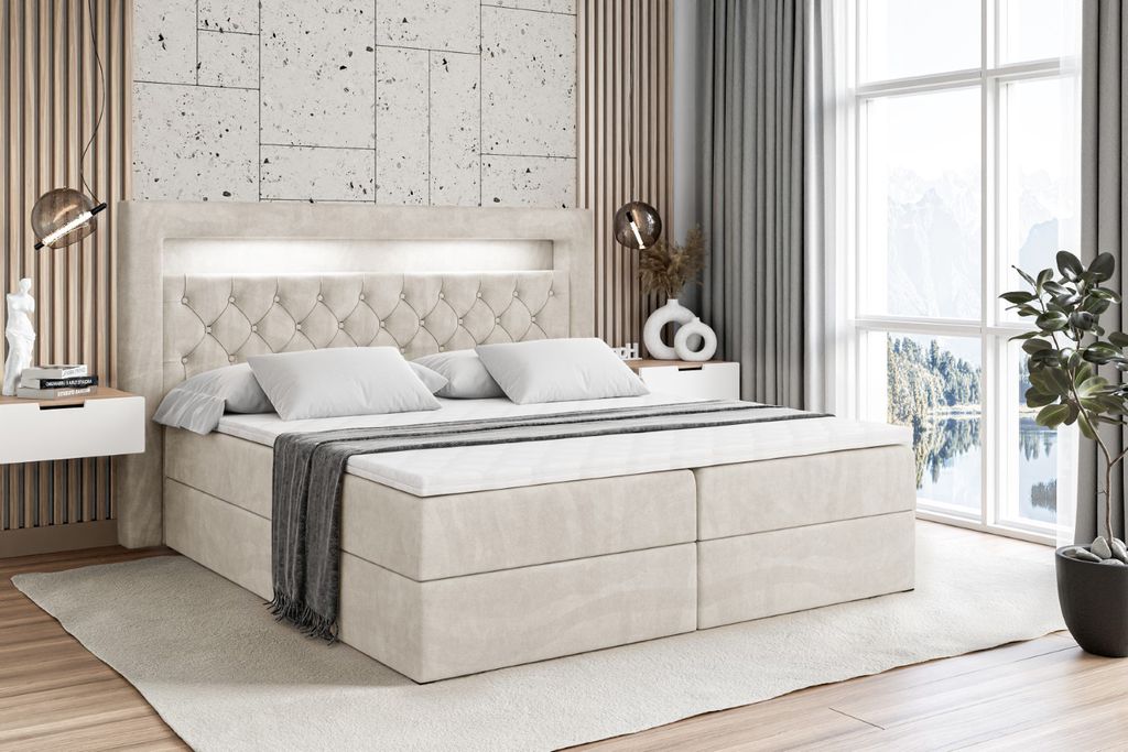 ALTDECOR Boxspringbett mit Matratze (20 cm hoch) und Topper (4 cm hoch), Polsterbett mit Kopfteil, Bettkasten und LED Licht - NOEL GOLD - 180x200 -...