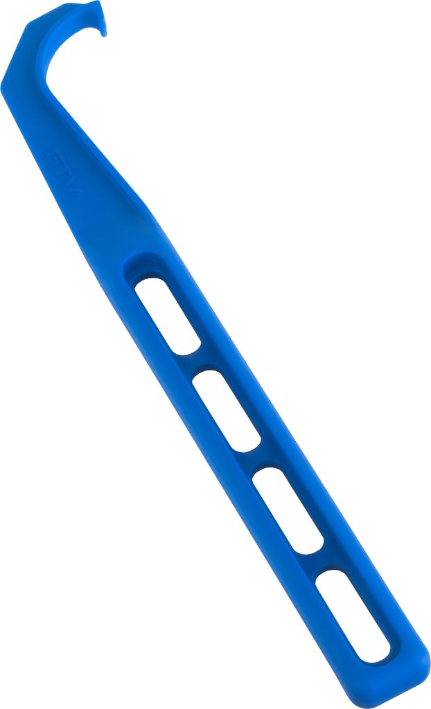 A blue plastic tool with a hook on one end and three rectangular cutouts along its length, isolated on a white background.