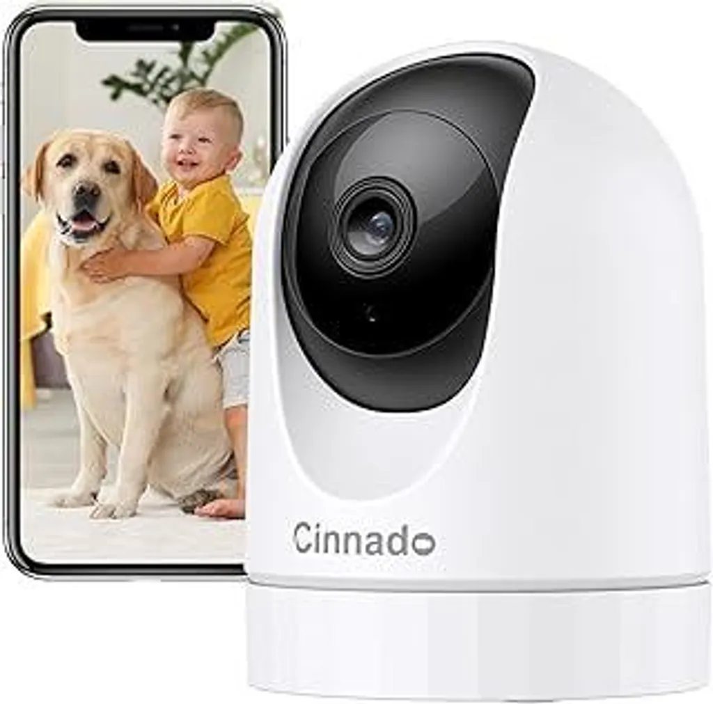 Cinnado Telecamera di sorveglianza per interni - Baby monitor 2K con telecamera, telecamera per cani da interni Wi-Fi a 360 gradi con APP, tracciamento automatico, audio bidirezionale, rilevamento del movimento, visione notturna, compatibile con Alexa