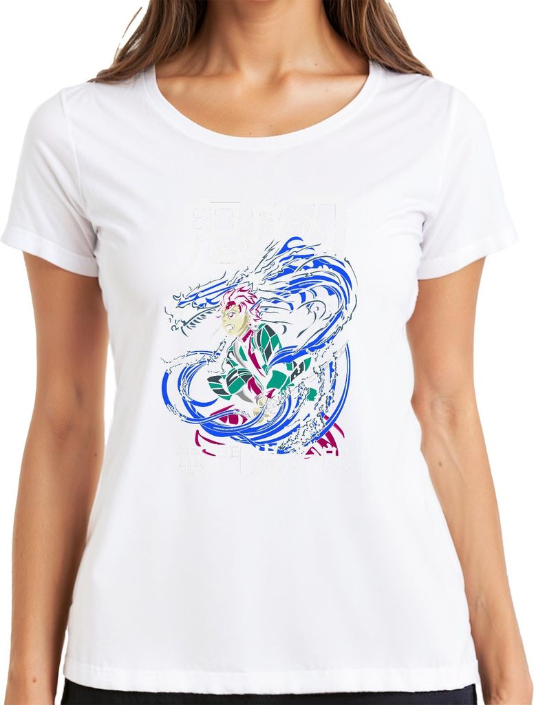 Demon Slayer Tanjiro Kamado Wasserdrache Anime Geschenk Japan Y2K Streetwear Damen T-Shirt, Weiß, XL