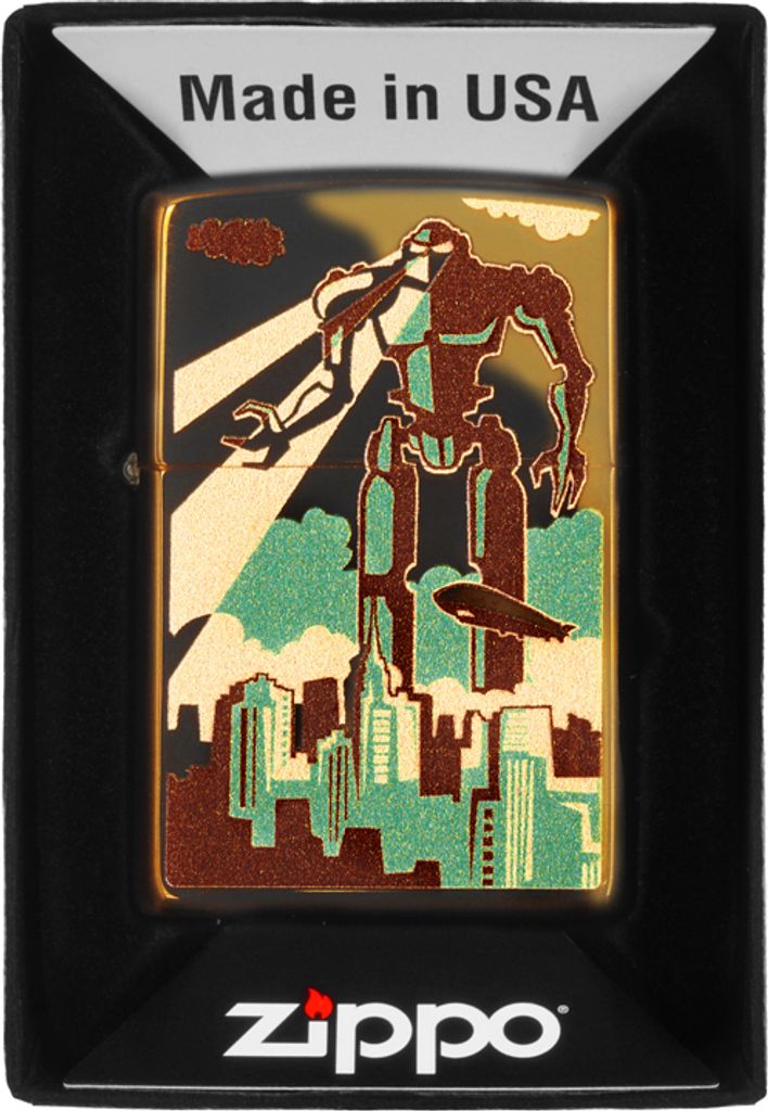 Zippo Feuerzeug Roboter in der Stadt poliertes Messing Gold windfest wiederauffüllbar