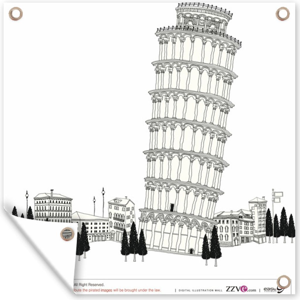 MuchoWow 100x100 cm Outdoor-Poster Gartendeko Sichtschutz Garten Poster für den Garten Illustration einer Skyline mit dem Turm von Pisa