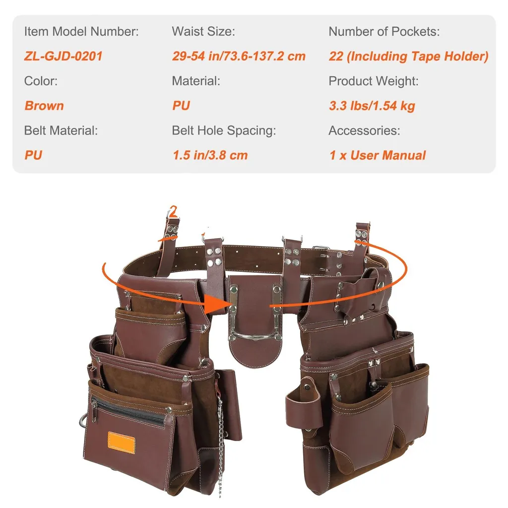 Ceinture porte-outils renforcée, 22 poches et taille ajustable