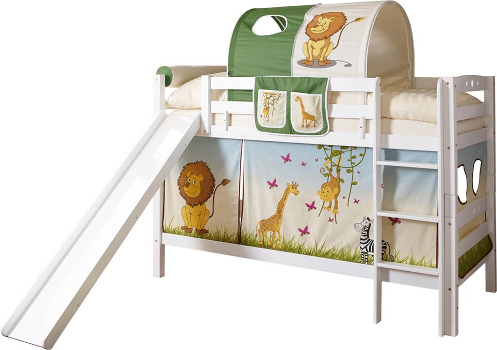 Etagenbett mit Rutsche Doppelbett Lupo Buche massiv Weiss, Vorhangstoff:Safari