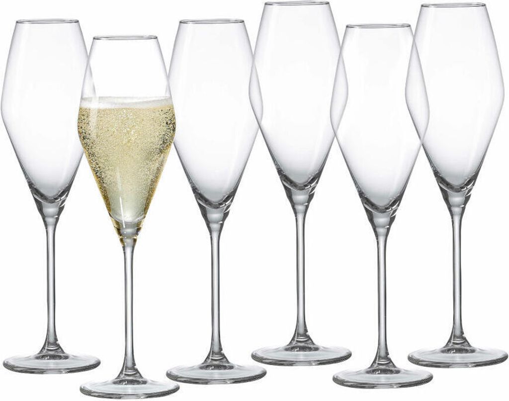 A set of six clear champagne flutes, with one flute filled with champagne.