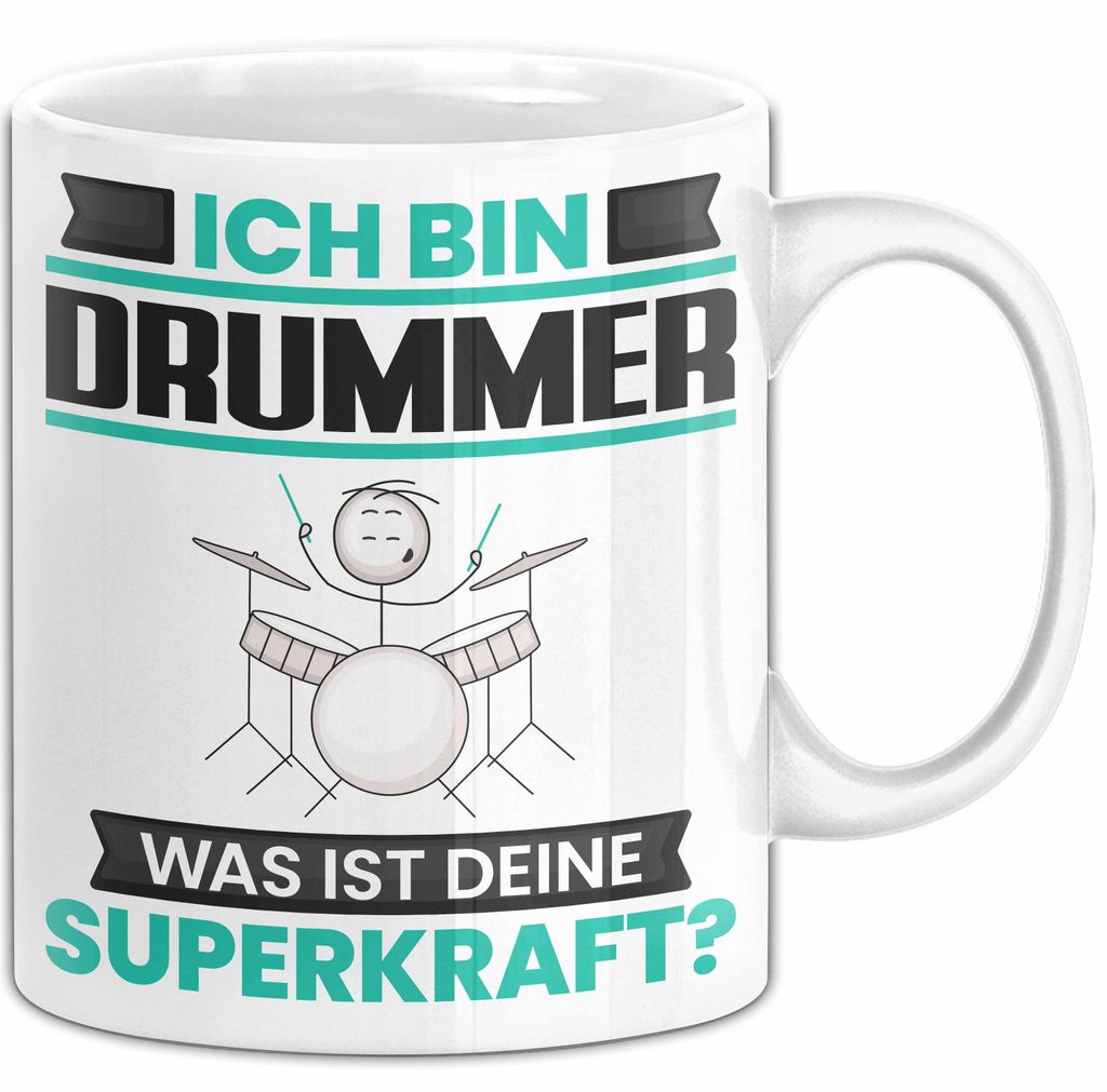 Drummer Tasse Geschenk für Drummer Geburtstag Lustiger Spruch Kaffee-Becher Was Ist Deine Superkraft (Weiß)
