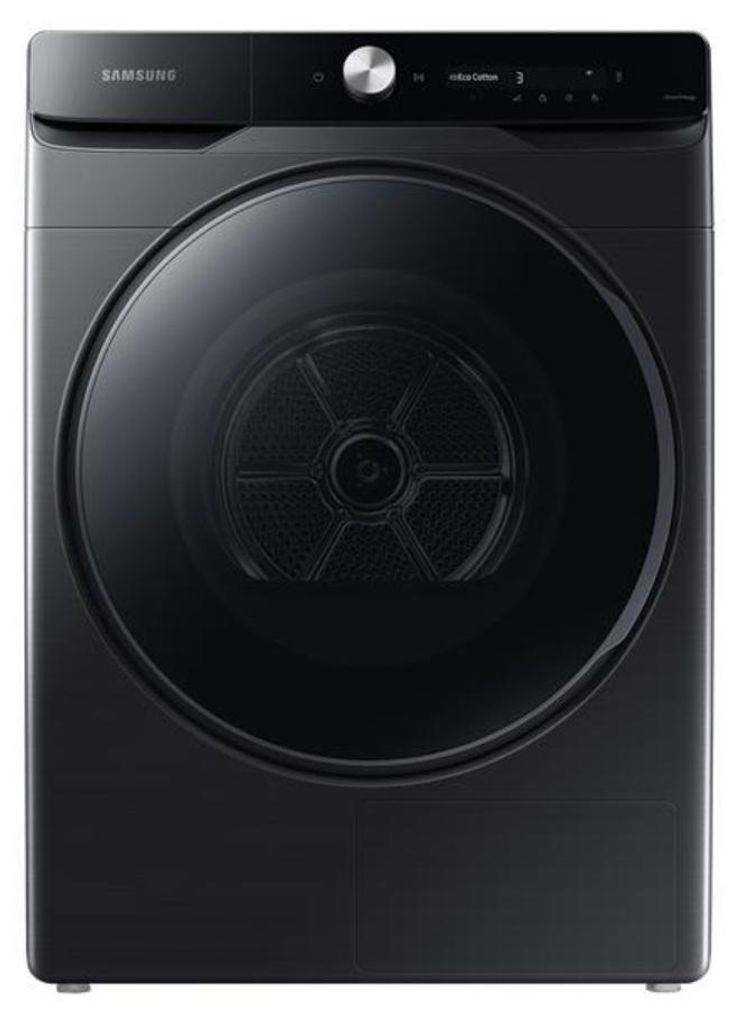 A front view of a black Samsung washing machine.