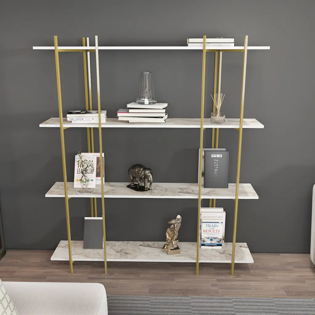 Meuble de Rangement pour Livres et Déco Blanc et Or Format Familial