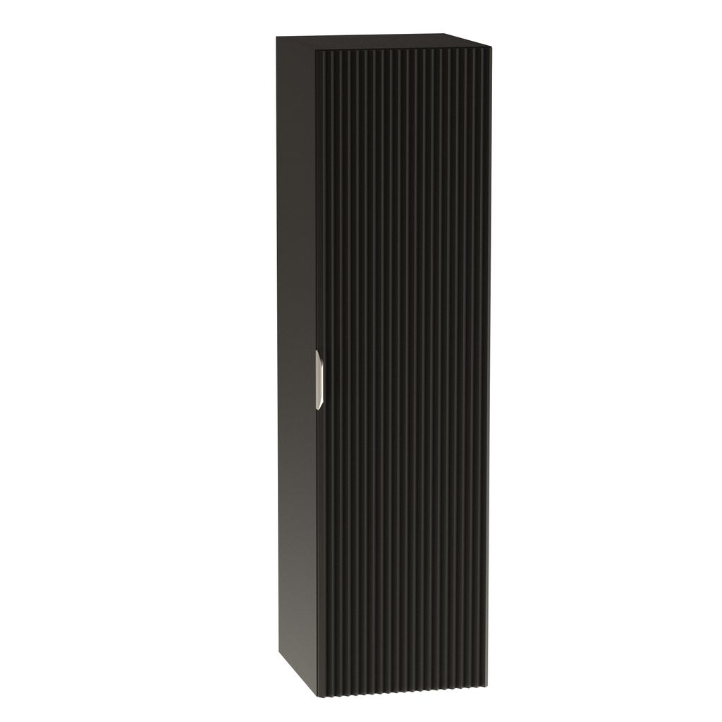 A tall, narrow black cabinet with a ribbed front and a silver handle, shown against a white background.