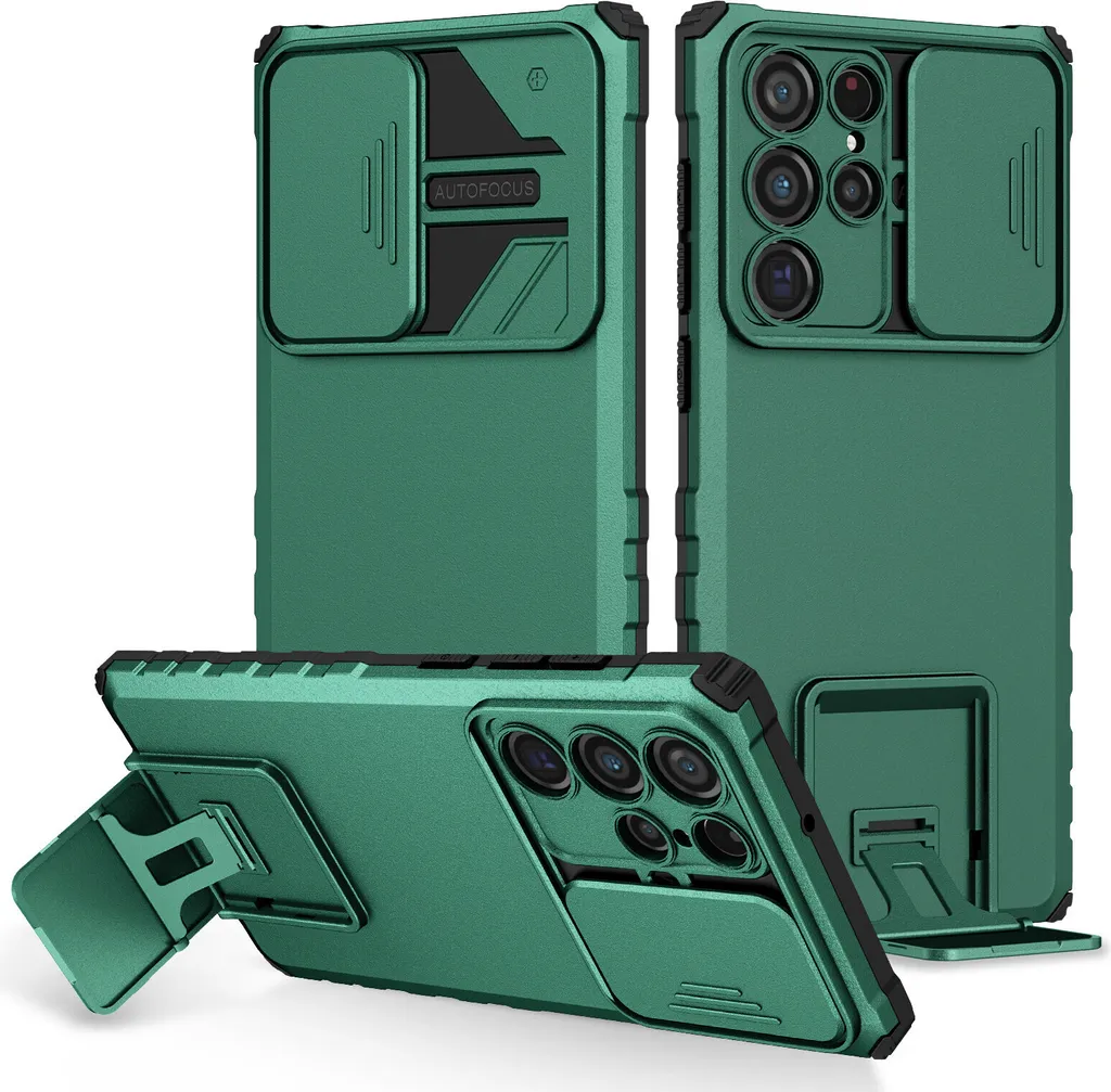 Custodia per Samsung Galaxy S22 Ultra 5G robusta a doppio strato, protezione militare con kickstand e protezione fotocamera scorrevole verde