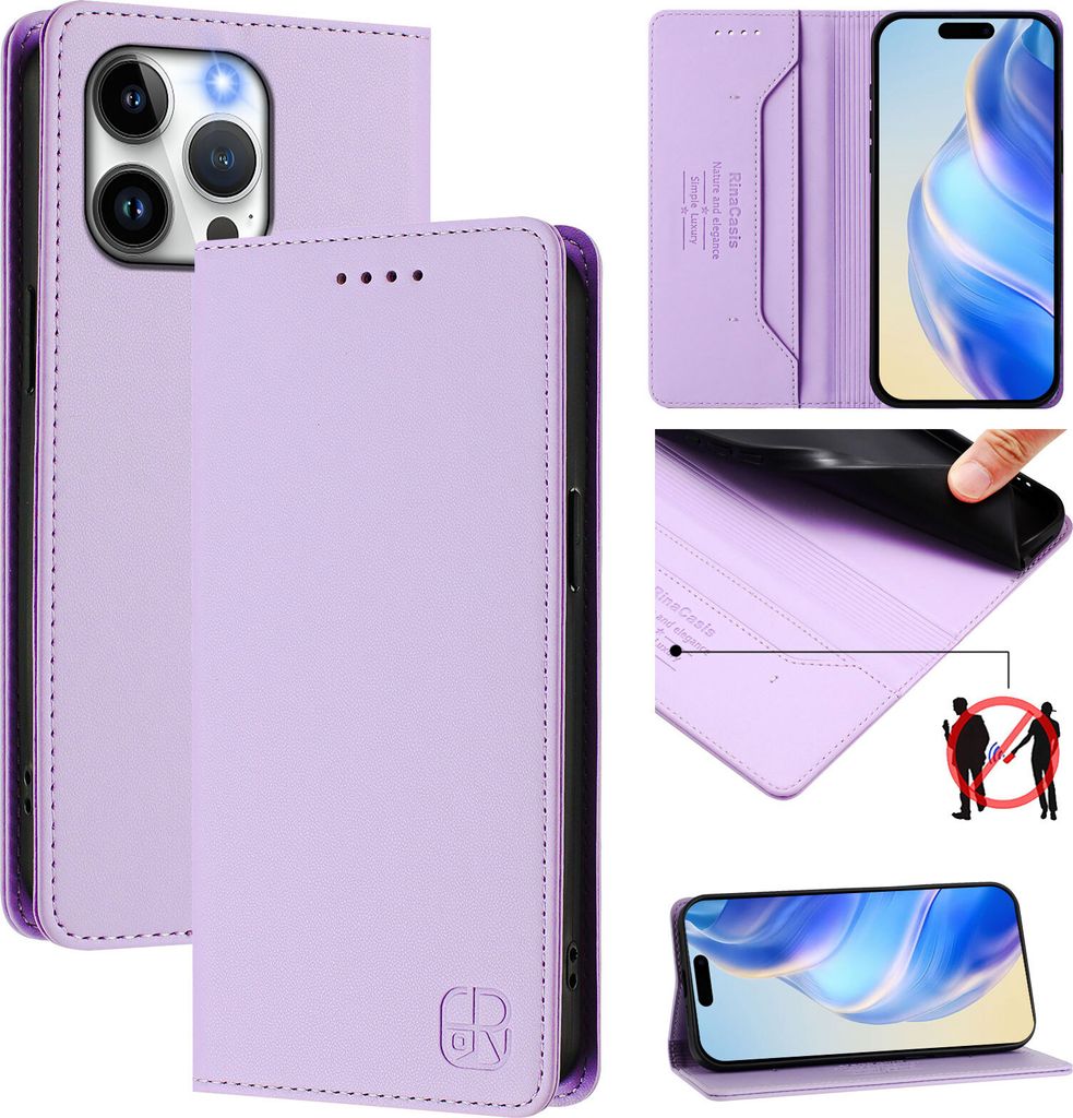 Lederhülle für iPhone 14 Pro Max Hülle Flip Brieftasche Kartenfächern Ständer Schutzhülle Violett