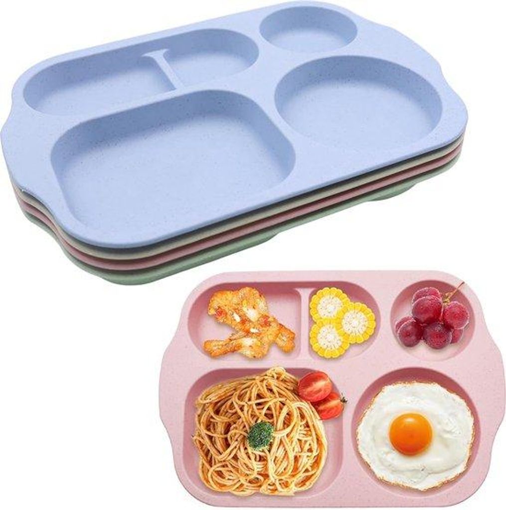 Set aus 4 Kinder- und Erwachsenenteller, verteilt, 5 Fächer, unzerbrechbare Picknickteller aus Kunststoff, Diätportionsteller, mikrowellen- und G...