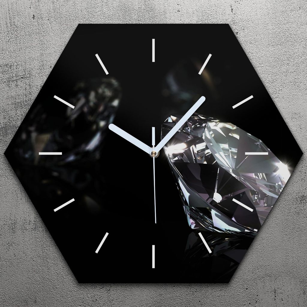 Uhr hexagonal 40 cm Glas Geräuschlos weiße Zeiger - Diamanten Edelsteine