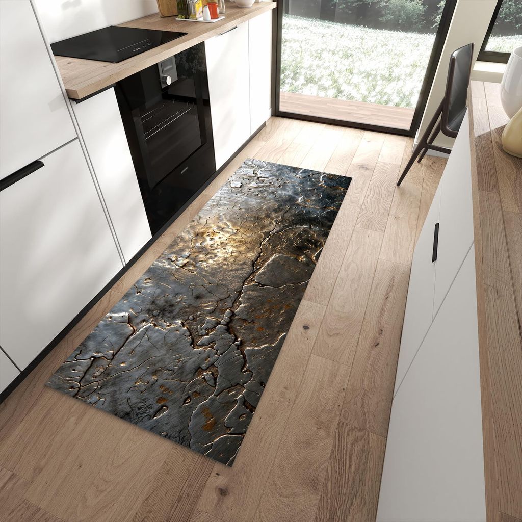 Küchenteppich 80x200cm rutschfest & abwischbar PVC Läufer - Gekrakeltes Metall