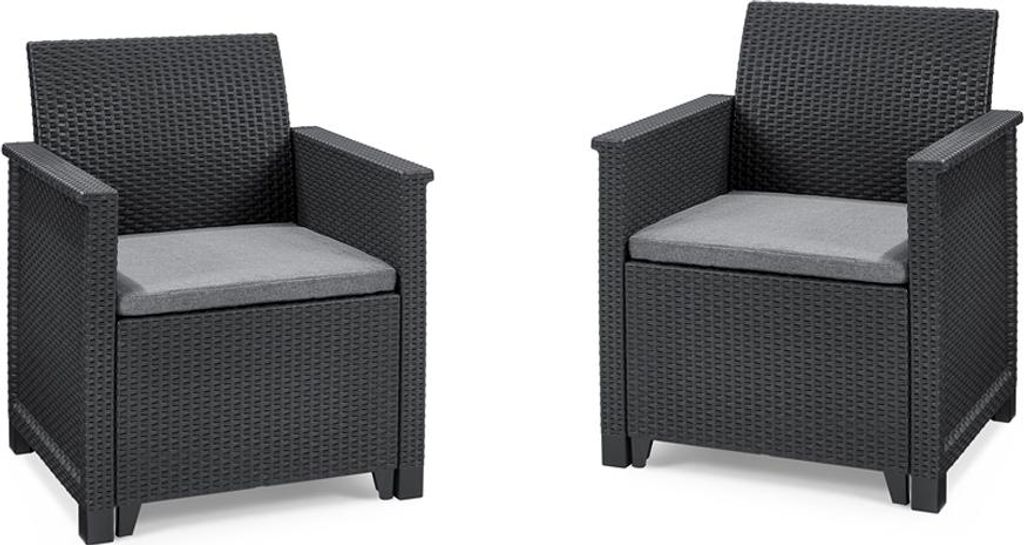 Two identical dark grey rattan-look garden chairs with grey seat cushions, shown from the front on a white background.