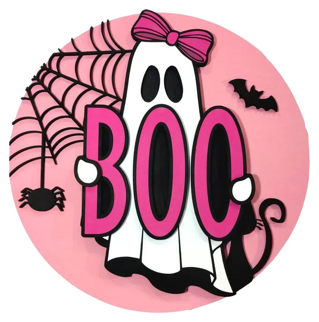 Halloween-Holzanhänger, rosa Geisterschild „BOO“, Türdeko im Landhausstil, Herbstliche Dekoration für Veranda und Terrasse