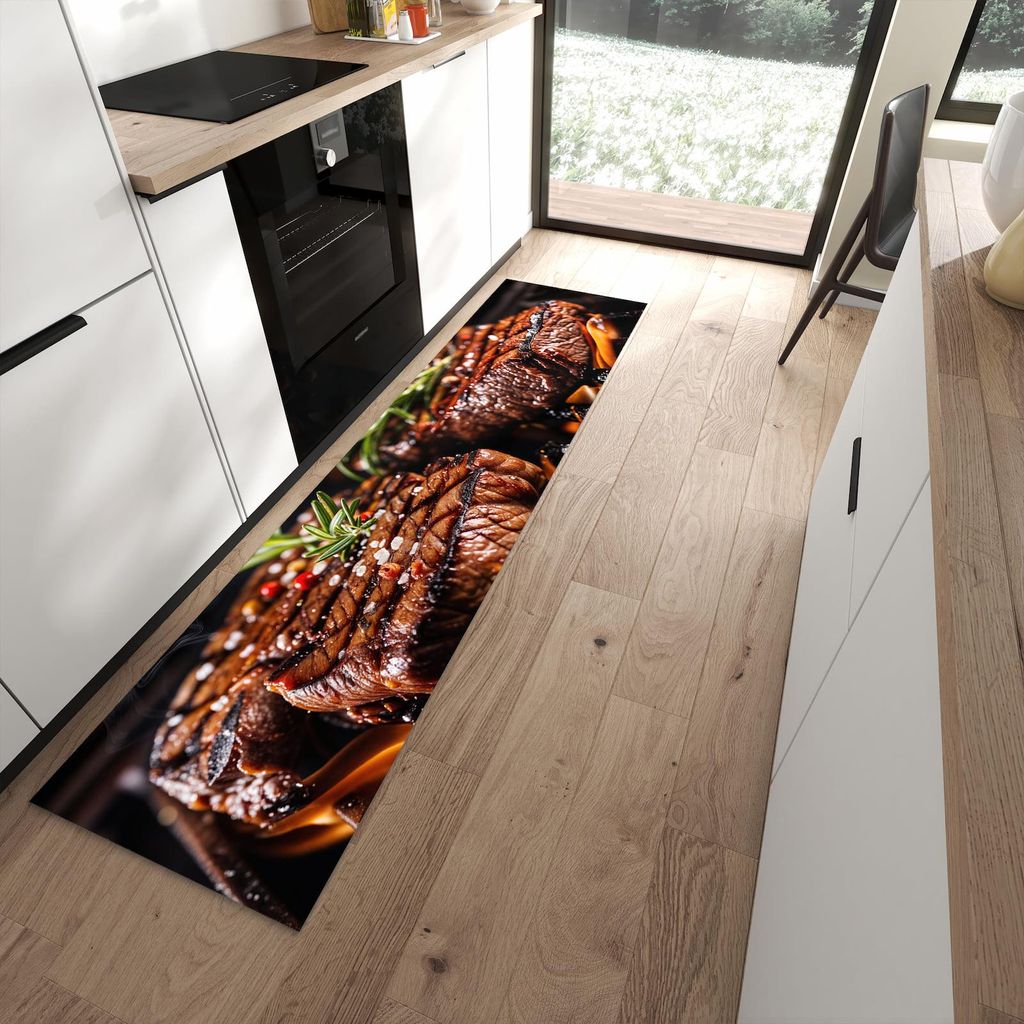 Küchenteppich 60x240cm rutschfest & abwischbar PVC Läufer - Gegrillte Steaks