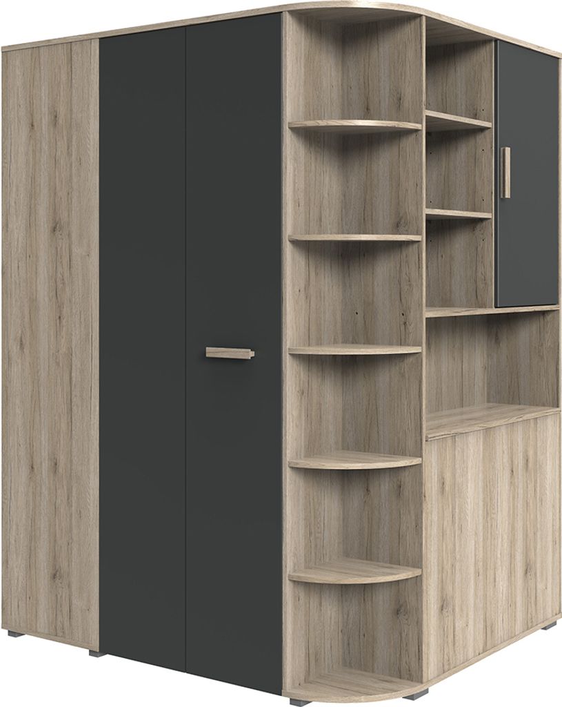 Eckkleiderschrank begehbar mit Bettkasten in Eiche mit graphit CANTON-43