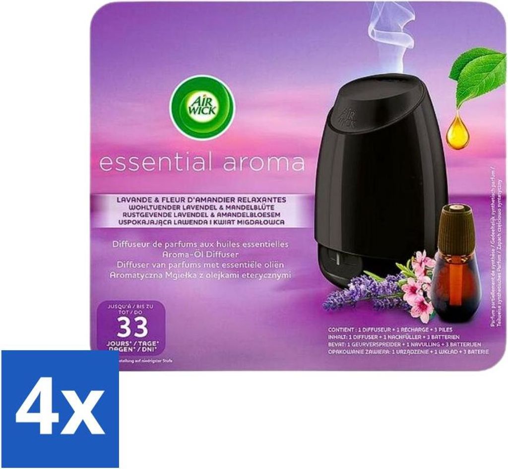 Air Wick Essential Mist – Elektrischer Duftdiffusor – Starter-Set – Beruhigender Lavendel & Mandelblüte – 20 ml - Vorteilspack - 4 Stücke