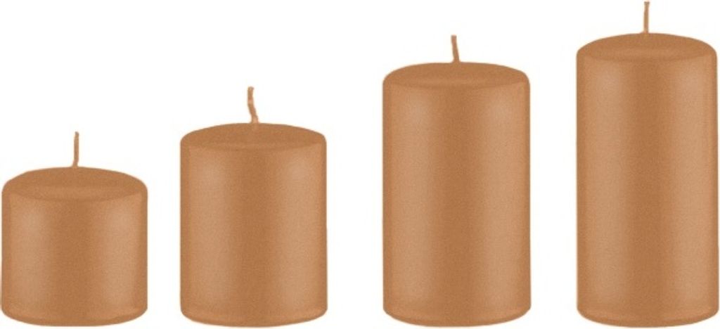 4er Set Adventskerzen, Stumpenkerzen abgestuft Metallic Caramell Matt Ø 6 cm (Höhen 6, 8, 10 und 12 cm)