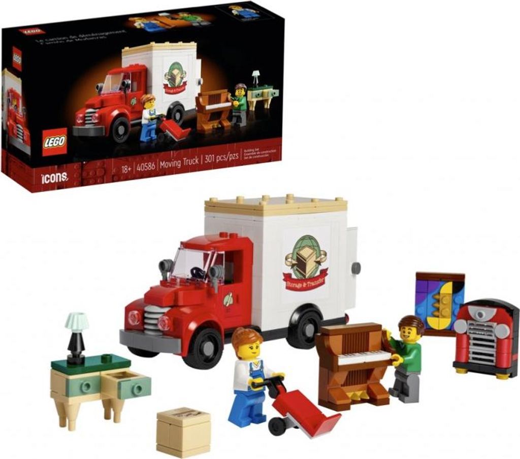 A LEGO Icons Moving Truck set is displayed, with the product box shown above a built model.