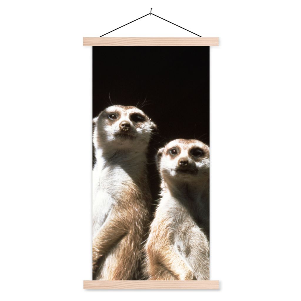MuchoWow Textilposter Schwarz - Erdmännchen - Tiere 60x120 cm mit holzfarbenen Rahmen - Holz