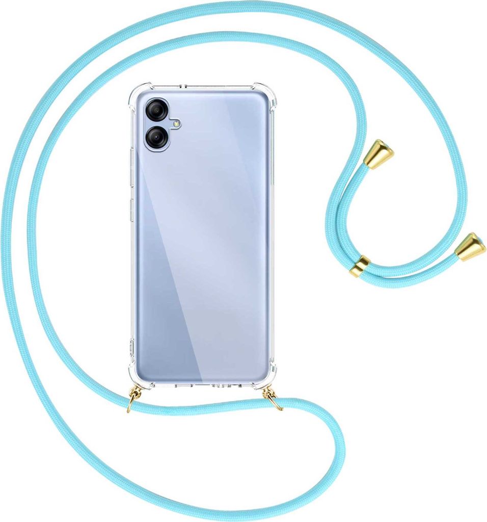 Handykette Backcover-Schutzhülle mit Band (Metall goldfarben) für Samsung Galaxy A04e (SM-A042) - himmelblau