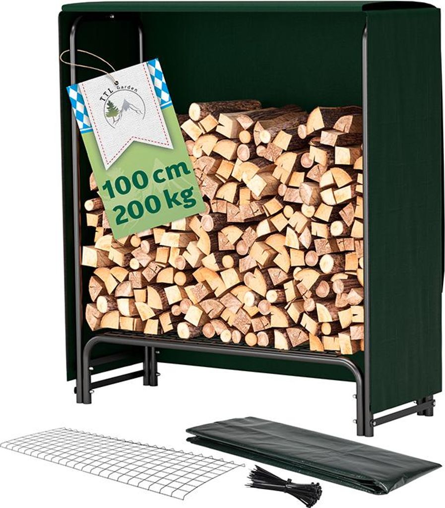 TTL GARDEN Kaminholzregal S 100x36x116cm Schwarz mit Abdeckung Metall Regal für Kaminholz Outdoor